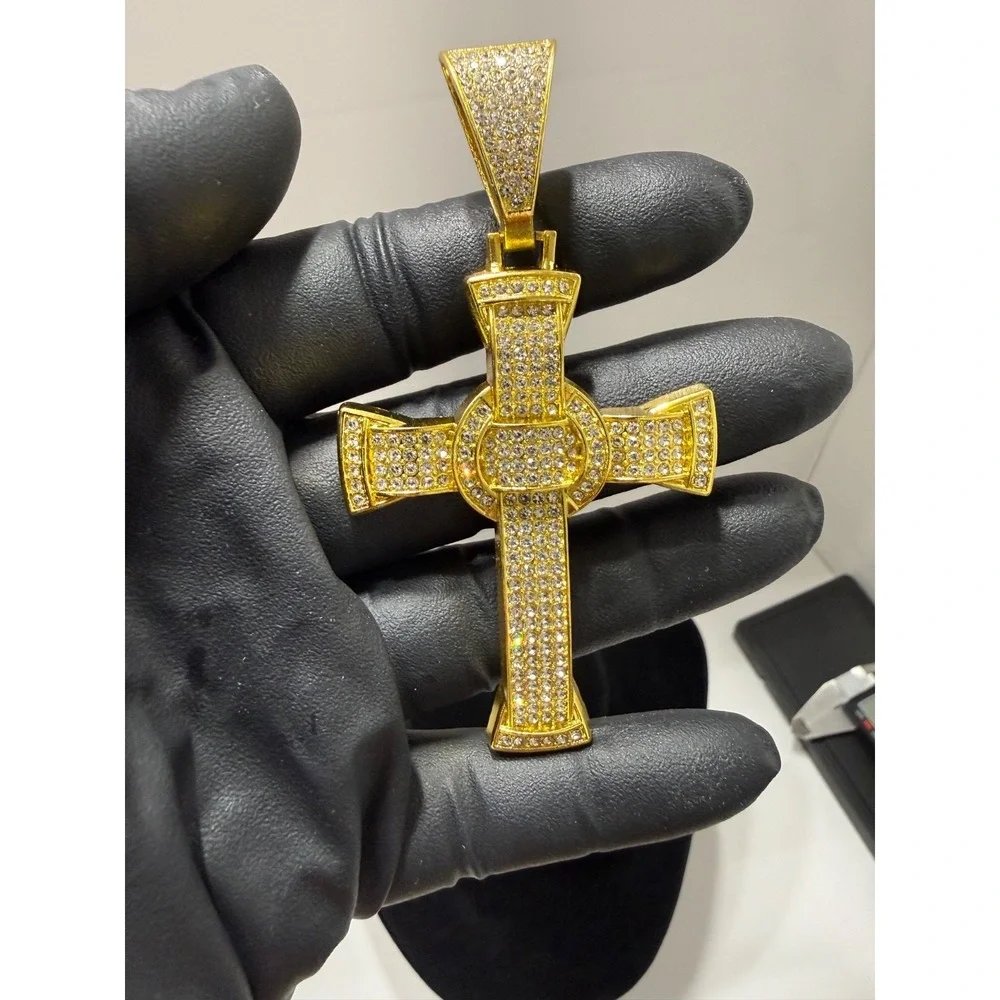 gold cross pendant iced out vvscz stones 2.5inch by 1.8inch
